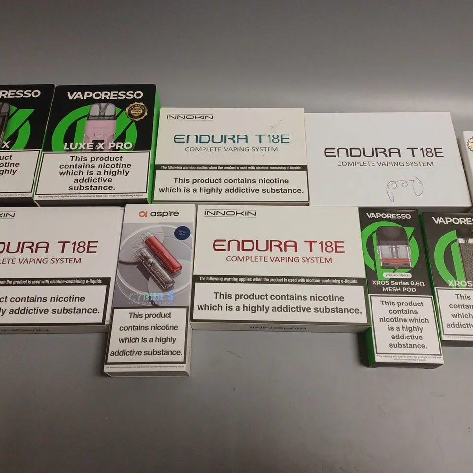 APPROXIMATELY 10 ASSORTED E-CIGARETTE PRODUCTS TO INCLUDE INNOKIN, VAPORESSO, ASPIRE ETC 