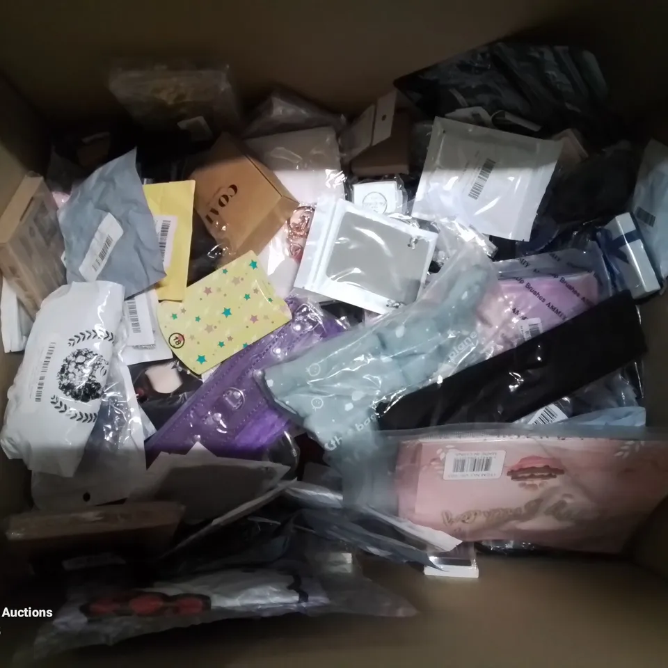 BOX CONTAINING LARGE AMOUNT OF MIXED FASHION ITEMS, SILVER PLATE AND COSTUME JEWELLERY, CLOTHING ITEMS ETC.