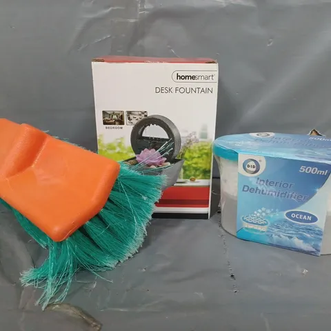 BOX OF APPROXIMATELY 20 ASSORTED HOUSEHOLD ITEMS INTERIOR DEHUMIDIFIER, DESK FOUNTAIN, BRUSH, ETC