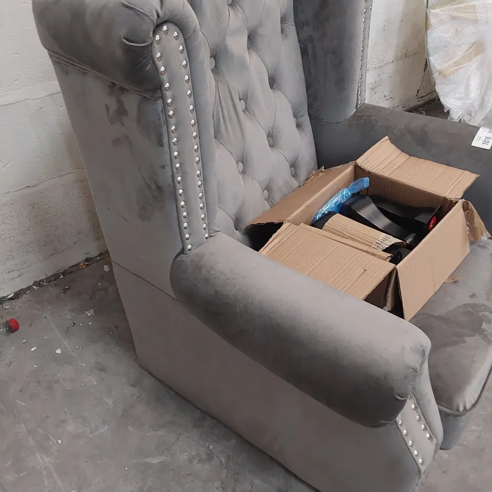 DESIGNER HAYDEN WINGBACK UPHOLSTERED EASY CHAIR STUDDED DETAIL LIGHT GREY PLUSH FABRIC 
