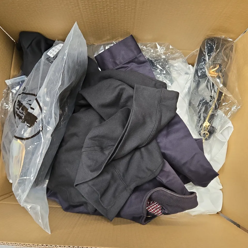 LARGE BOX OF ASSORTED CLOTHING ITEMS IN VARIOUS SIZES, STYLES AND COLOUR 