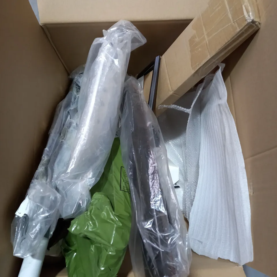 BOX OF APPROXIMATELY 10 ASSORTED HOUSEHOLD ITEMS TO INCLUDE REGAL TENNIS RACKET, DESIGNER FRAMED PRINT, SET OF WOOD EFFECT STAKES ETC