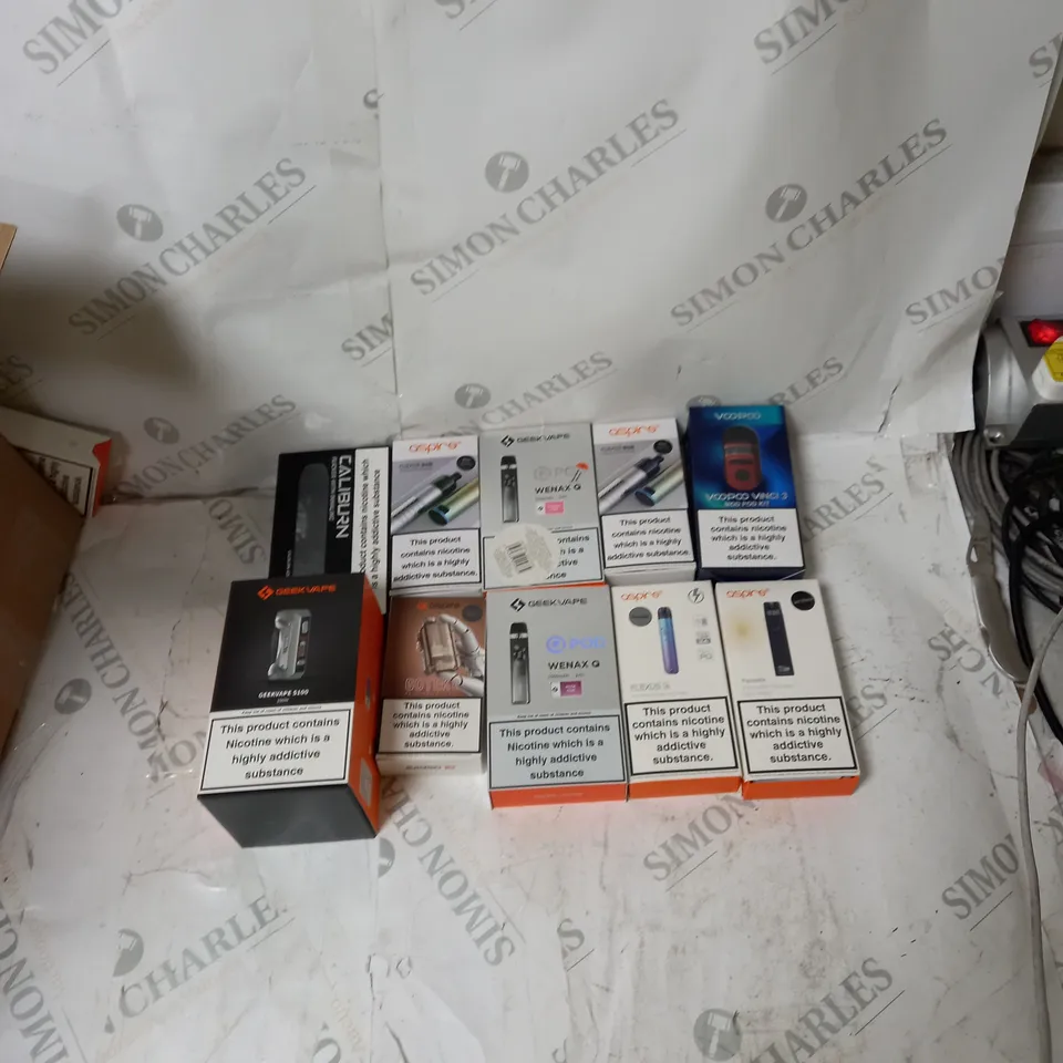 BOX OF APPROXIMATELY 10 ECIG PRODUCTS TO INCLUDE ASPIRE, CALIBURN, VOOPOO