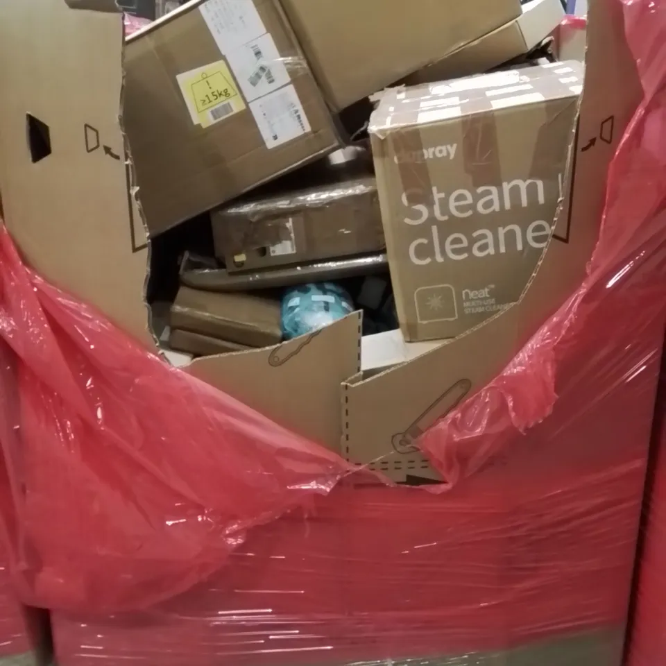 PALLET CONTAINING VARIOUS ASSORTED BOXED HOUSEHOLD ITEMS TO INCLUDE: STEAM CLEANER, CHAIR FLOOR MAT, CAMPING CHAIRS AND LOTS MORE UNMARKED BOXED ITEMS 