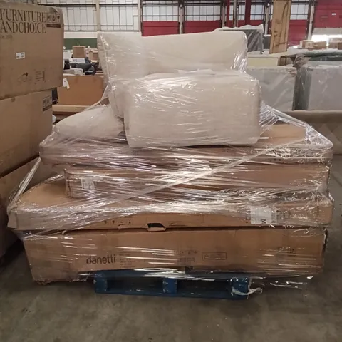 PALLET OF ASSORTED INCOMPLETE FURNITURE ITEMS - DINING TABLE, EXTENDING DINING TABLE, SUPER KING OTTOMAN