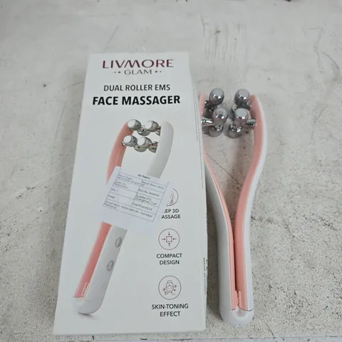 LIVMORE GLAM DUAL ROLLER EMS FACE MASSAGER – PINK/WHITE, BOXED