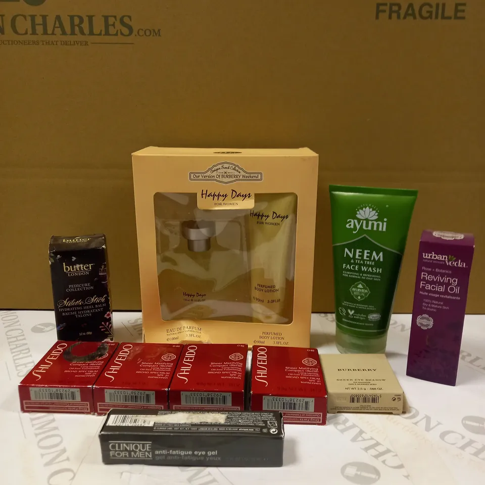 LOT OF 10 ASSORTED COSMETICS TO INCLUDE CLINIQUE FOR MEN EYE GEL, BURBERRY EYE SHADOW, URBAN VEDA REVIVING FACIAL OIL ETC