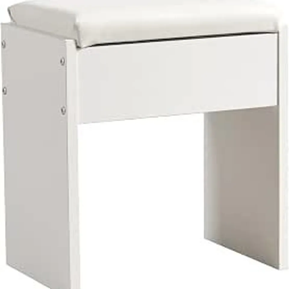 BOXED MONDEER DRESSING TABLE STOOL, WHITE SOFT PADDED VANITY STOOL | MAKE UP CHAIR PIANO STOOL SUITABLE FOR DRESSING TABLE BEDROOM, 41 X 35 X 45CM ( 1 BOX )