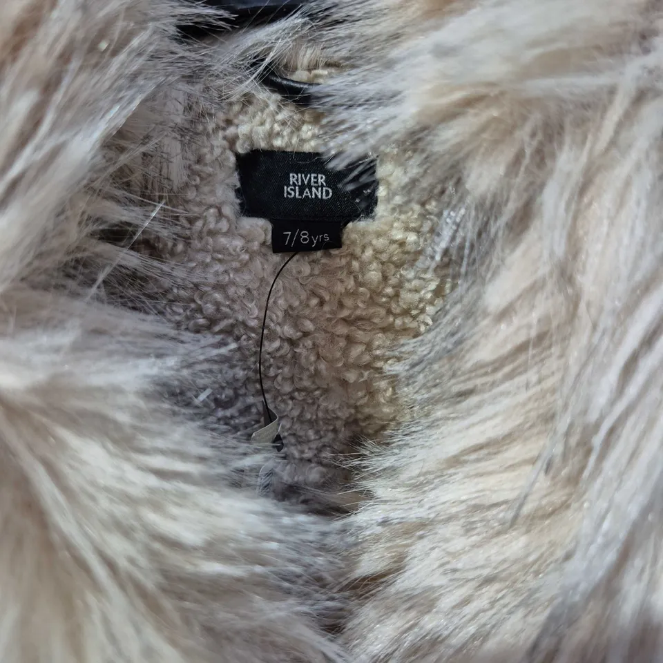 RIVER ISLAND KIDS' BLACK LEATHER-LOOK JACKET WITH CREAM FUR TRIM – 7/8 YRS