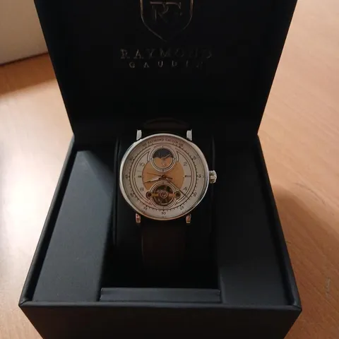 RAYMOND GAUDIN SKELETON DIAL MECHANICAL WRISTWATCH WITH LEATHER STRAP – BOXED