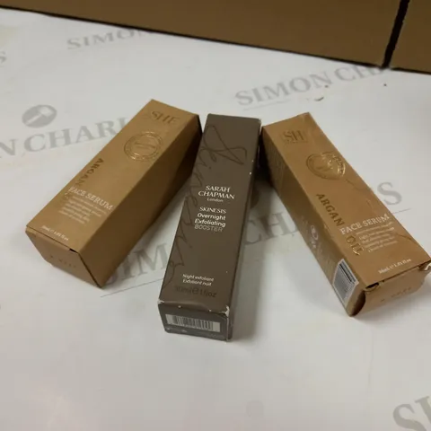 LOT OF APPROX 3 ASSORTED BEAUTY PRODUCTS TO INCLUDE: SARAH CHAPMAN OVERNIGHT EXFOLIATING BOOSTER, SHE ARGAN OIL FACE SERUM