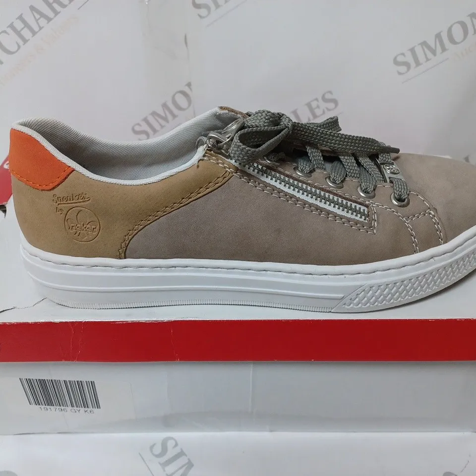 BOXED PAIR OF RIEKER SIDE ZIP 2 TRAINERS GREY SIZE 6
