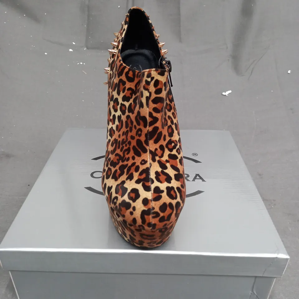 BOX OF APPROXIMATELY 14 BOXED LEOPARD PRINT ZIPPED WEDGED SHOES IN VARIOUS SIZES