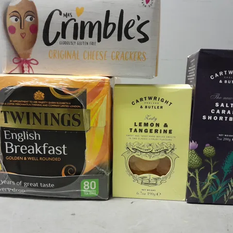 TOTE OF APPROXIMATELY 5 ASSORTED FOOD ITEMS TO INCLUDE - TWININGS ENGLISH BREAKFAST TEA , SALTED CARAMEL SHORTBREAD ETC 