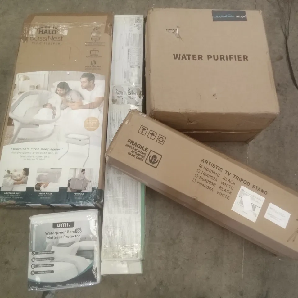 PALLET OF ASSORTED ITEMS INCLUDING ARTISTIC TV TRIPOD STAND, UMI. WATERPROOF BAMBOO MATTRESS PROTECTOR, BASSINEST FLEX SLEEPER, WATERPROOF PURIFIER, GOODHOME VINYL CLICK PLANK