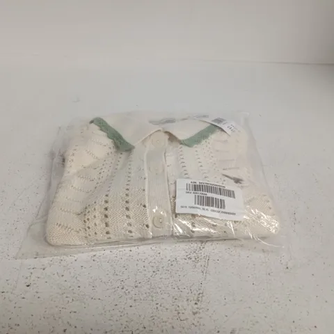 ABERCROMBIE & FITCH CARDIGAN, CREAM KNIT WITH GREEN TRIM, UK M (MEDIUM)