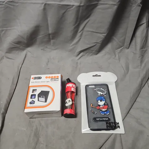 BOX OF ASSORTED ITEMS INCLUDING SOLAR MOTION SENSOR LIGHT , PATCH PANDA SMARTPHONE CASES 