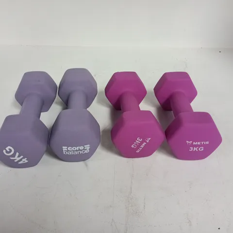 TWO PAIRS OF VINYL DUMBELLS INCLUDES 3KG & 4KG