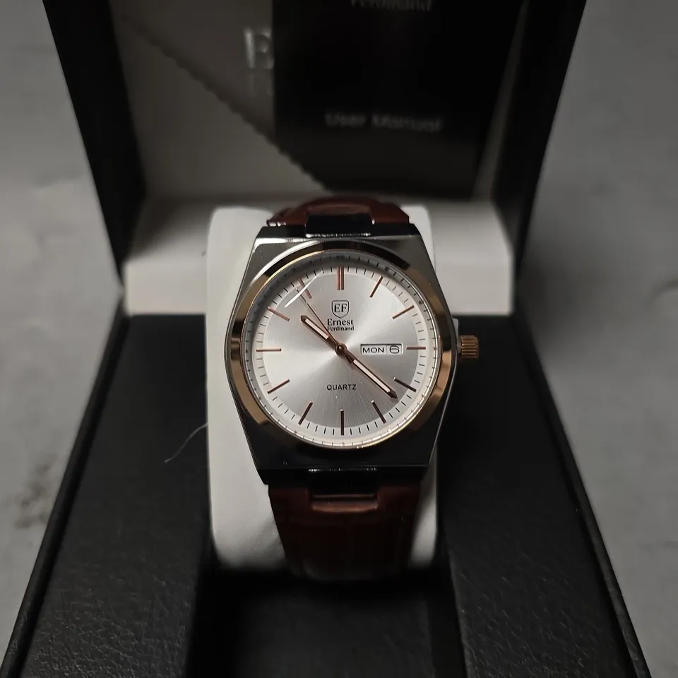  ERNEST FERDINAND WATCH – DAY DATE CALENDAR DIAL – LEATHER STRAP – 3ATM WATER RESISTANT - GIFT BOX