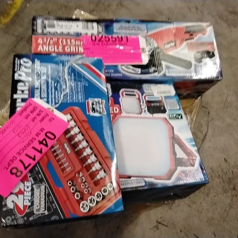 BOX TO CONTAIN ASSORTED TOOLS AND PRODUCTS TO INCLUDE;SOCKET SET,CLARKE ANGLE GRINDER,WORK LED LIGHT,ETC
