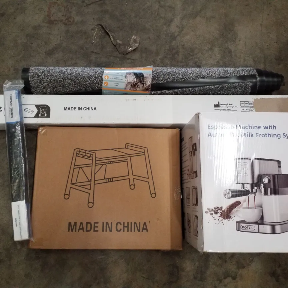 PALLET CONTAINING ASSORTED PRODUCTS INCLUDING ESPRESSO MACHINE, DRAWER SLIDES, TELESCOPIC ROD & XL DIRT BUSTER