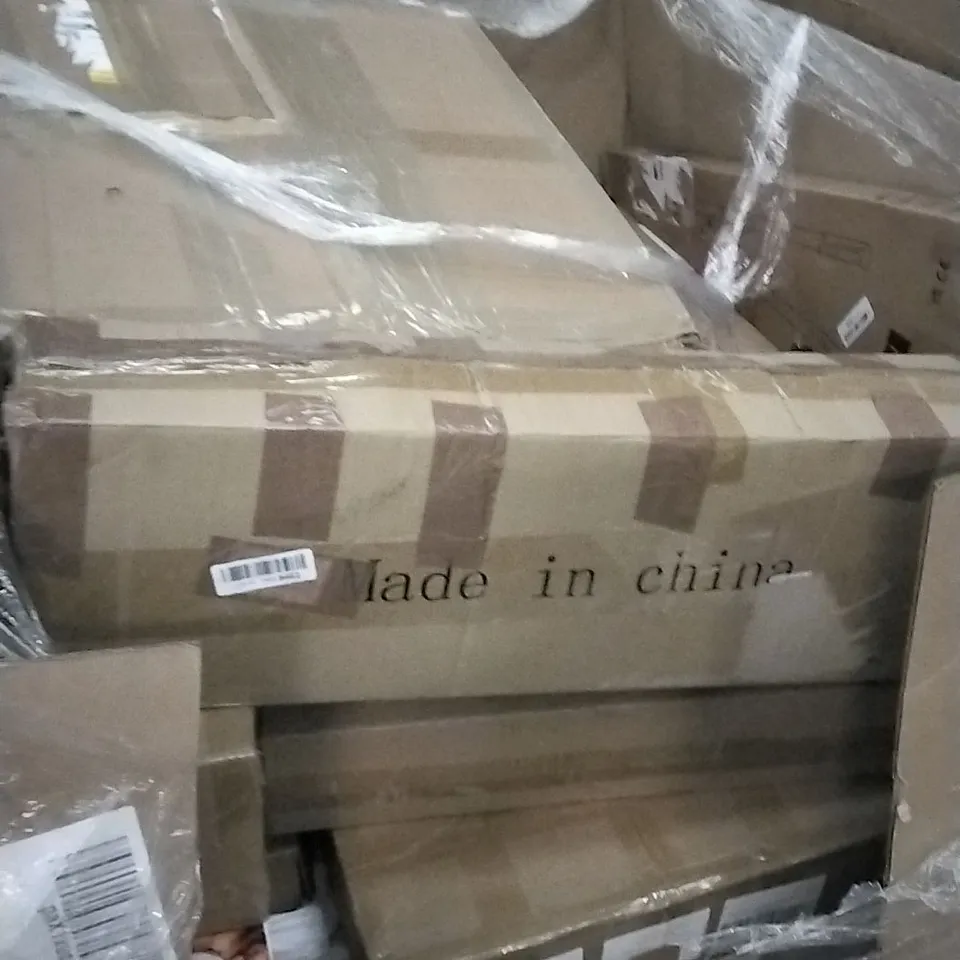 PALLET OF ASSORTED ITEMS INCLUDING VANITY MIRROR, KUYAL FAN HEATER, NEWDAY CEILING FAN, EXTENDABLE DRAPERY ROD AND DUST SHEETS