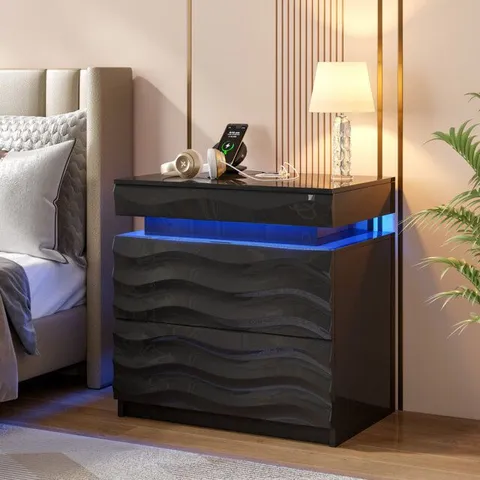 BOXED 2 DRAWER BEDSIDE TABLE WITH HIDDEN STORAGE AND HUMAN SENSOR LIGHT - BLACK (1 BOX)