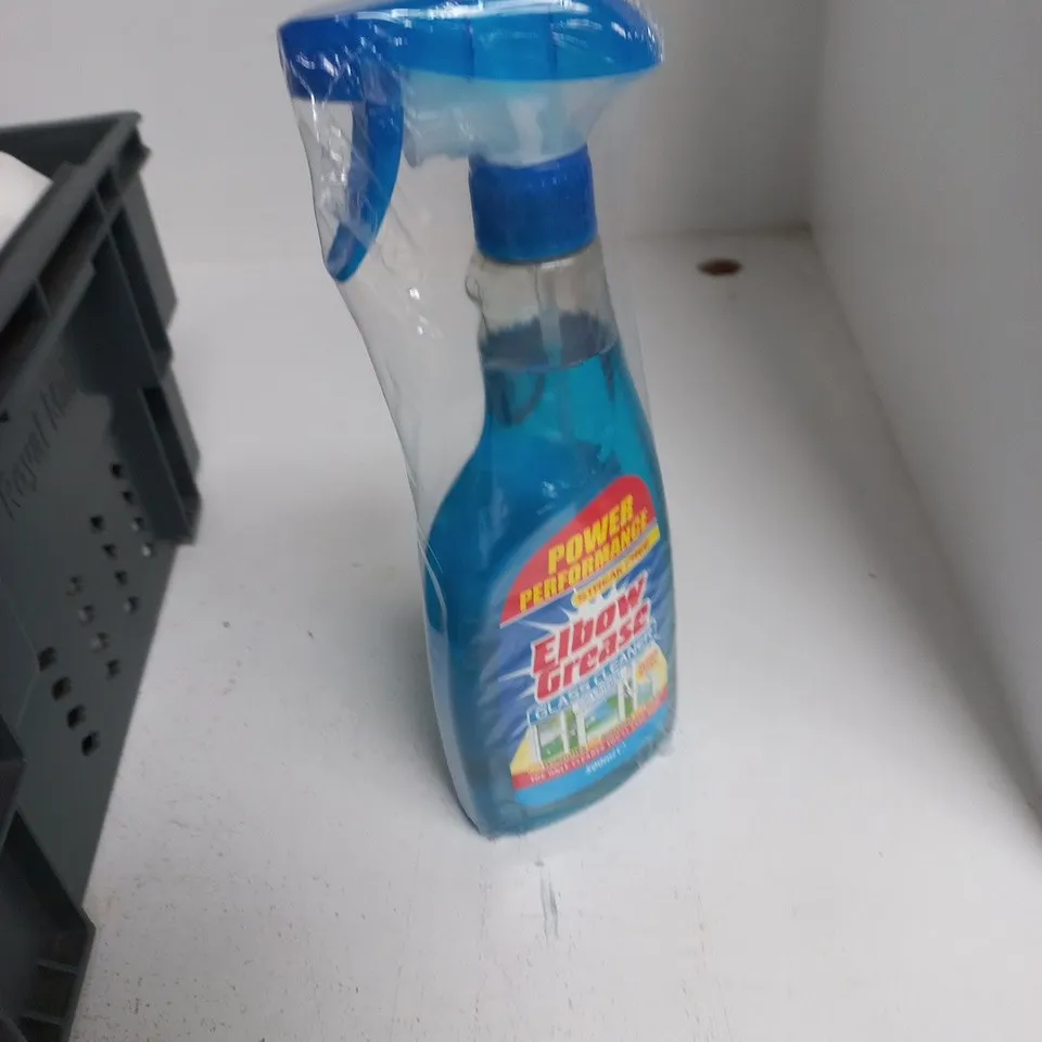 TOTE OF APPROXIMATELY 12 ASSORTED LIQUIDS TO INCLUDE: ELBOW GREASE GLASS CLEANER 