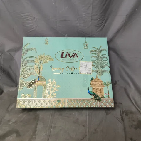 LIVA LUXURY COFFEE SET – 7-PIECE CERAMIC TABLEWARE (BOXED). ONE ITEM MISSING HANDLE