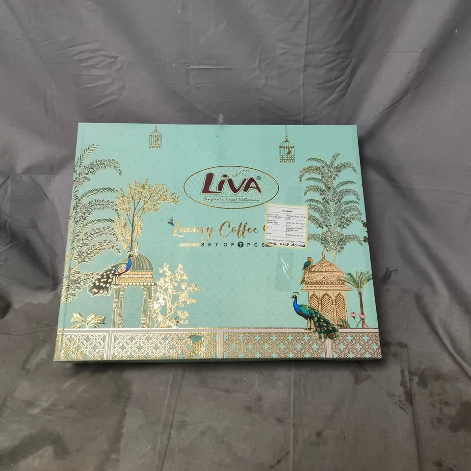 LIVA LUXURY COFFEE SET – 7-PIECE CERAMIC TABLEWARE (BOXED). ONE ITEM MISSING HANDLE