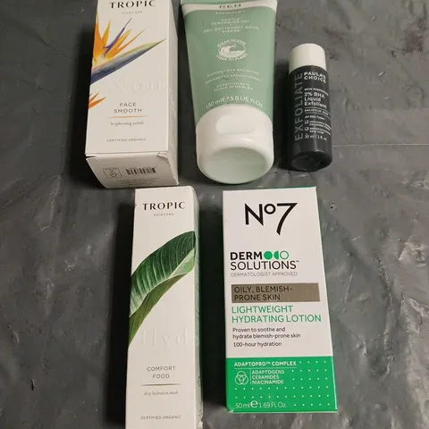 LOT OF 5 ASSORTED SKINCARE PRODUCTS TO INCLUDE - TROPIC FACE SMOOTH POLISH - PAULA'S CHOICE 2% BHA LIQUID EXFOLIANT - N07 LIGHTWEIGHT HYDRATING LOTION - ETC