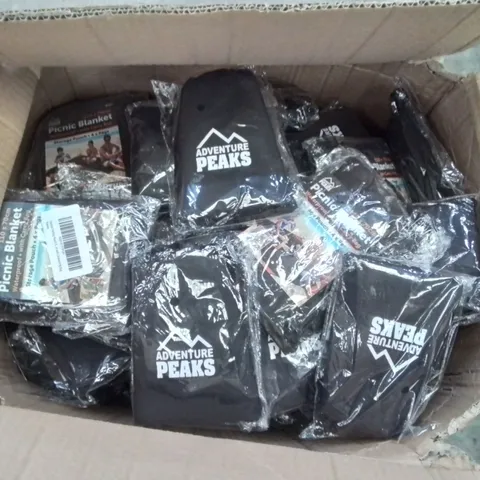 BOX CONTAINING A LARGE QUANTITY OF BRAND NEW ADVENTURE PEAKS PICNIC BLANKETS 