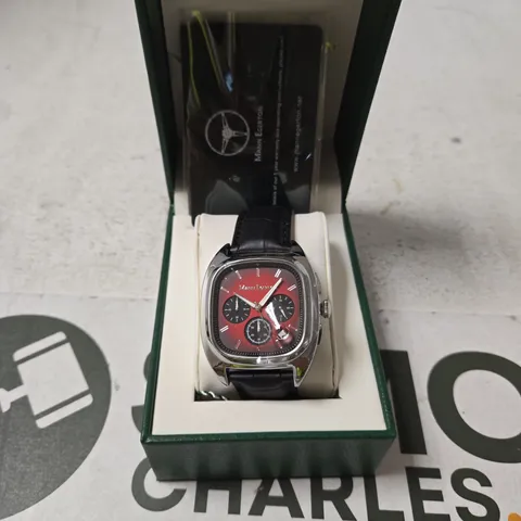 MANN EGERTON CHRONOGRAPH WATCH, RED DIAL, BLACK LEATHER STRAP – BOXED