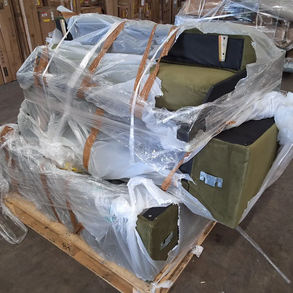 PALLET CONTAINING 3 GREEN FABRIC SOFA PARTS