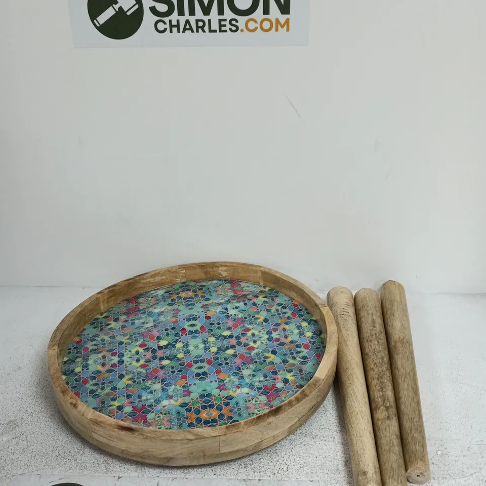 ROUND WOODEN TABLE WITH COLOURFUL MOSAIC INLAY AND THREE WOODEN LEGS