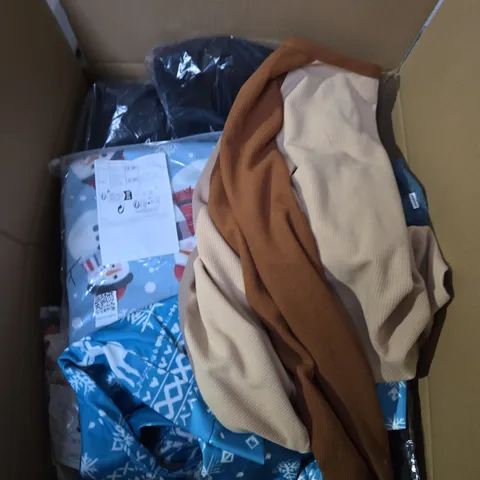 LARGE BOX OF ASSORTED CLOTHING ITEMS IN VARIOUS SIZES, STYLES AND COLOUR 