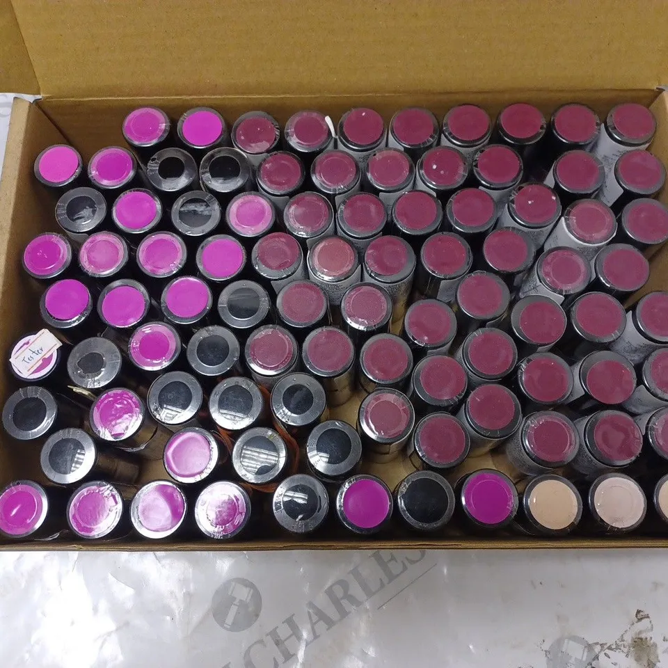 BOX OF APPROXIMATELY 75 X 8ML VIALS OF ALESSANDRO STRIPLAC NAIL POLISH IN SINFUL, DARK RUBIN, LOVE SECRET