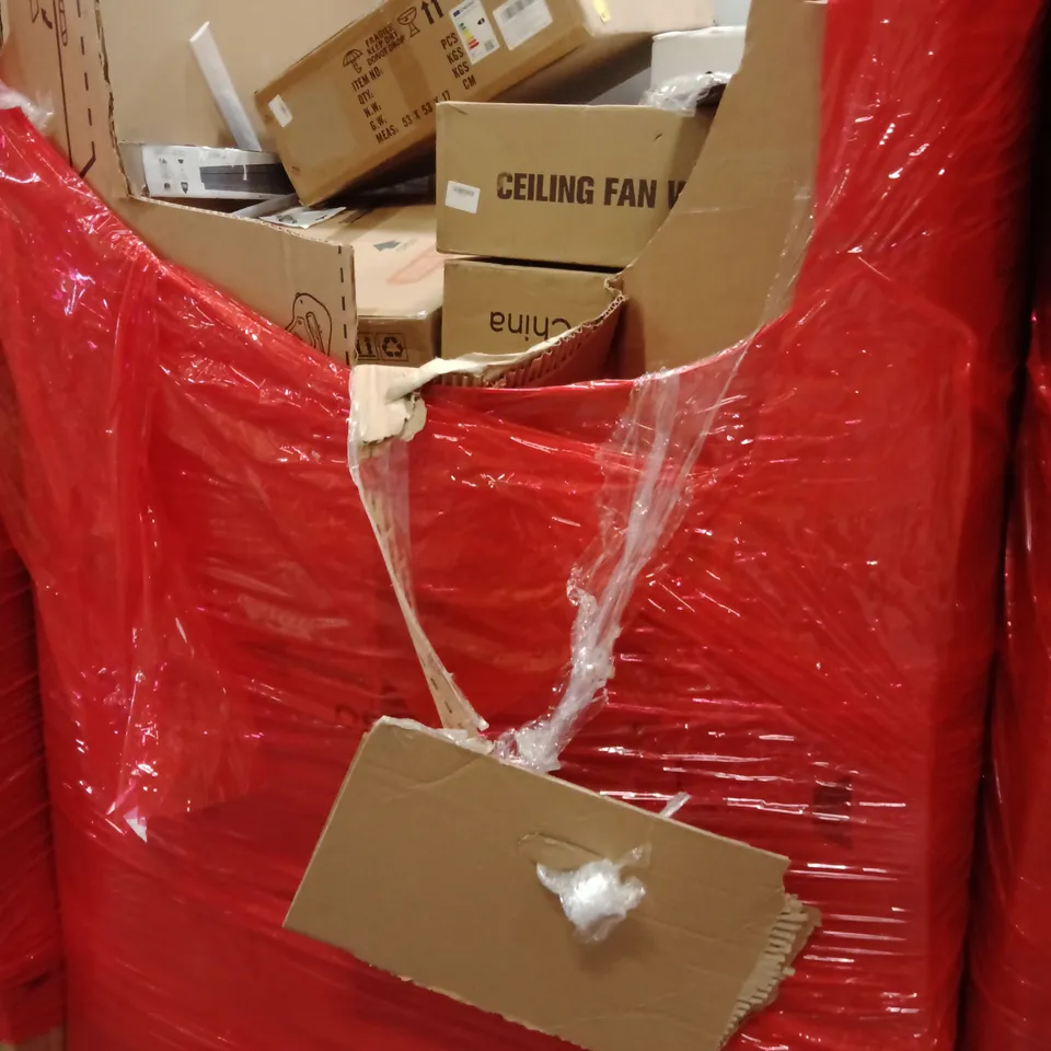 PALLET OF ASSORTED HOUSEHOLD GOODS AND PRODUCTS TO INCLUDE; CEILING FAN, KEYBOARD,ETC