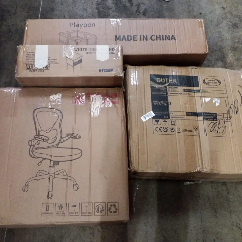 PALLET CONTAINING ASSORTED PRODUCTS INCLUDING PLAYPEN, WHITE NIGHTSTAND, OFFICE CHAIR, GARMENT RACK & DRYWALL SANDER