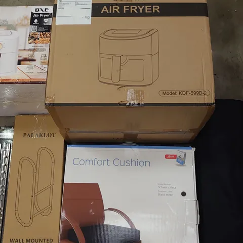 PALLET OF ASSORTED ITEMS TO INCLUDE BOXED AIR FRYERS, TOWEL HOLDER AND COMFORT CUSHION