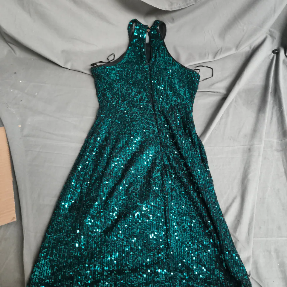 LIPSY LONDON TEAL SEQUIN HALTER-NECK EVENING DRESS – UK 8