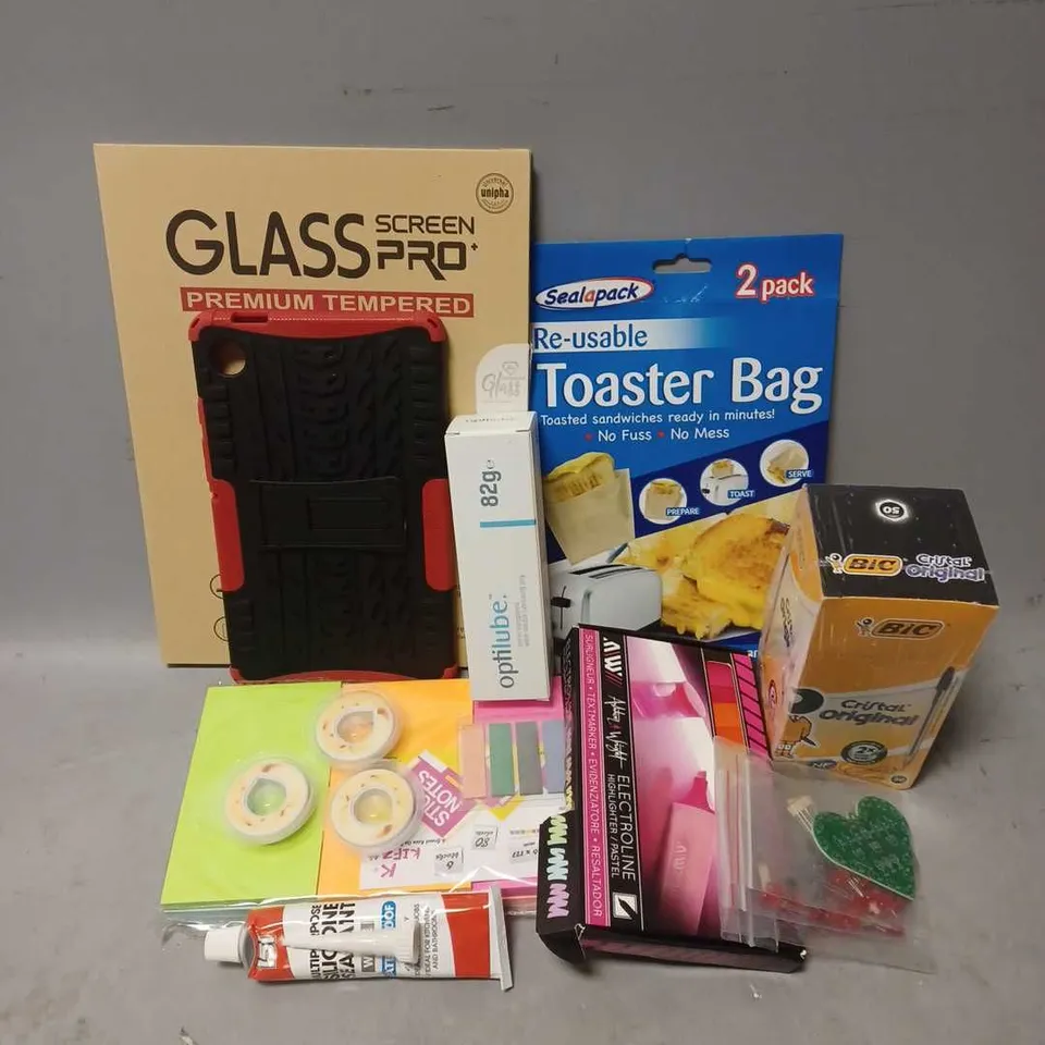 APPROXIMATELY 15 ASSORTED HOUSEHOLD ITEMS TO INCLUDE - STICKY NOTES - BIC PENS - SCREEN PROTECTOR FOR IPAD 10 - ETC