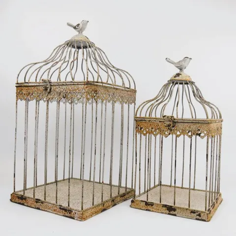 BOXED SETVOF 2 SQUARE BASED ORNAMENTAL RUSTIC BIRD CAGE PLANTERS