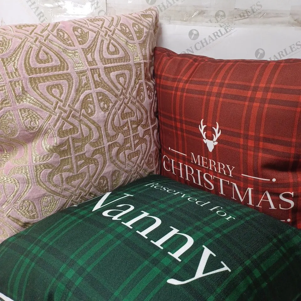 BOX OF APPROX. 6 ASSORTED PILLOWS TO INCLUDE - MERRY CHRISTMAS PILLOW -RESERVED FOR NANNY PILLOW - BIBA LOGO CUSHION AO BLUSH ECT