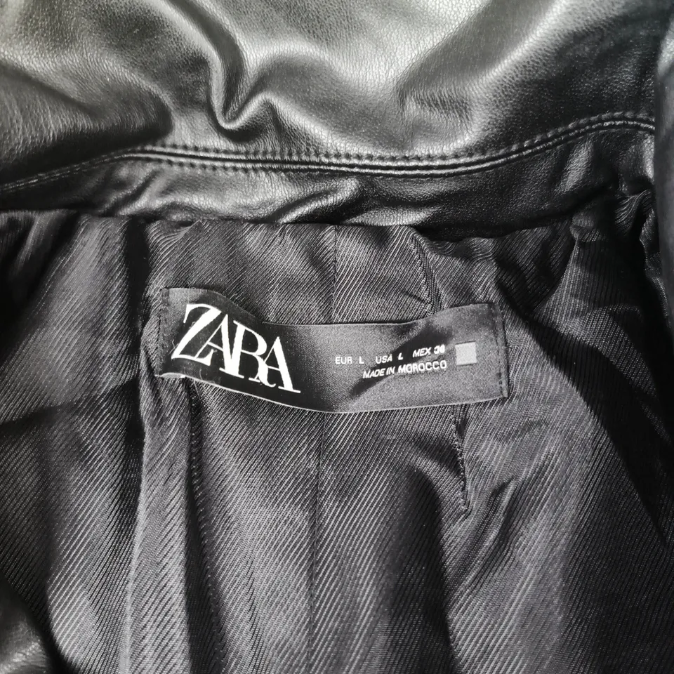 ZARA BLACK LEATHER-LOOK COAT – WOMEN'S LONGLINE, DOUBLE-BREASTED SIZE LARGE 