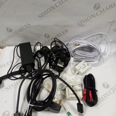 BOX OF APPROXIMATELY 20 ASSORTED AUDIO/VISUAL & POWER CABLES TO INCLUDE ADSL FILTER LAPTOP POWER SUPPLIES & ETHERNET CABLE 