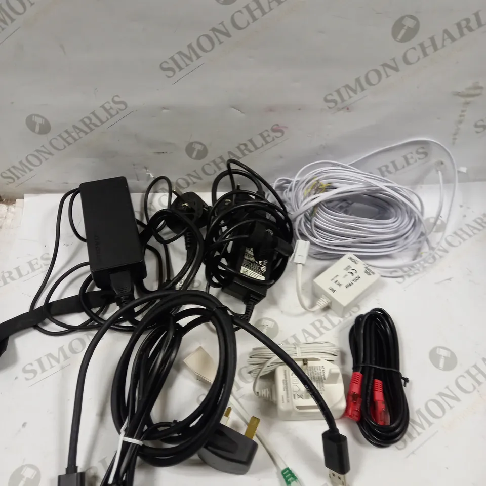 BOX OF APPROXIMATELY 20 ASSORTED AUDIO/VISUAL & POWER CABLES TO INCLUDE ADSL FILTER LAPTOP POWER SUPPLIES & ETHERNET CABLE 