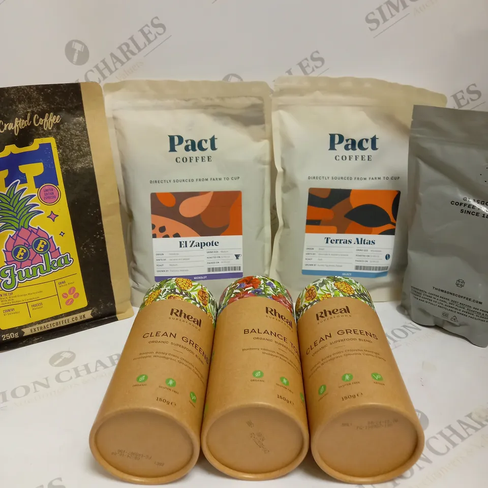 APPROXIMATELY 10 ASSORTED FOOD PRODUCTS TO INCLUDE PACT COFFEE, FUNKA COFFEE, RHEAL SUPERFOODS ETC 