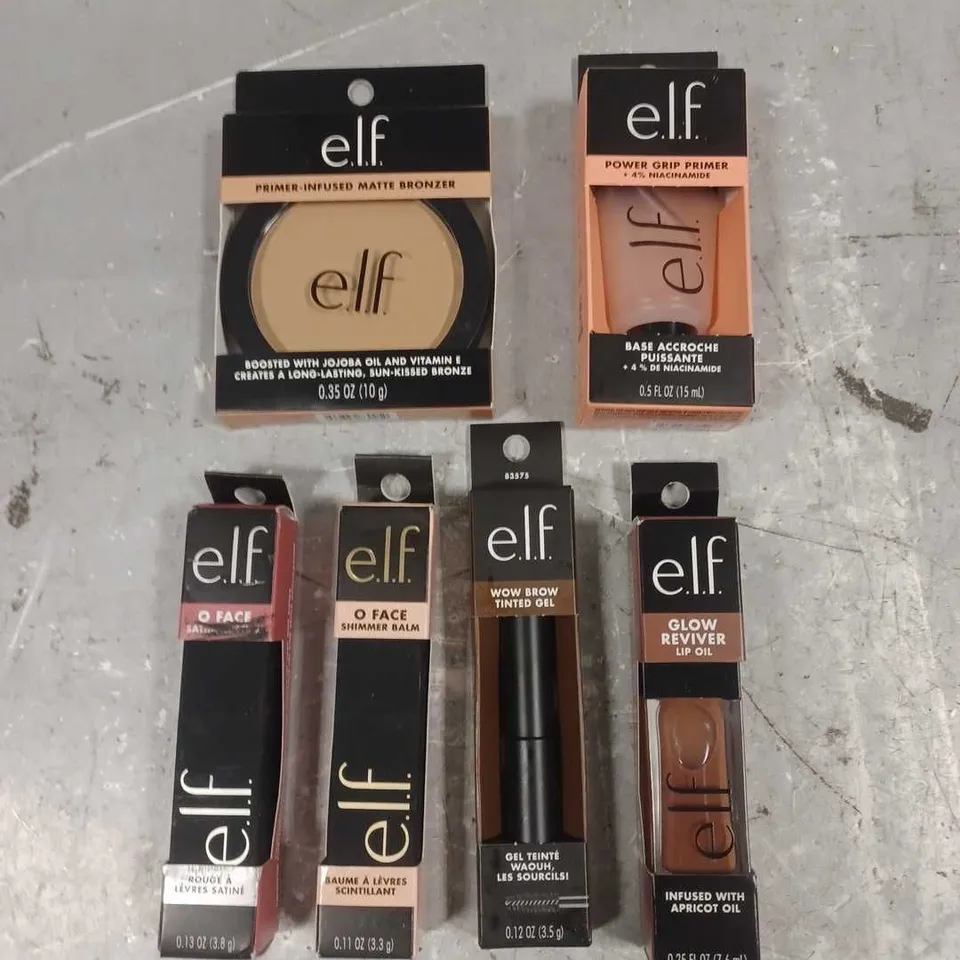 ELF LOT OF 6 ASSORTED COSMETIC PRODUCTS TO INCLUDE - POWER GRIP PRIMER - O FACE SHIMMER BALM - MATTE BRONZER - ETC