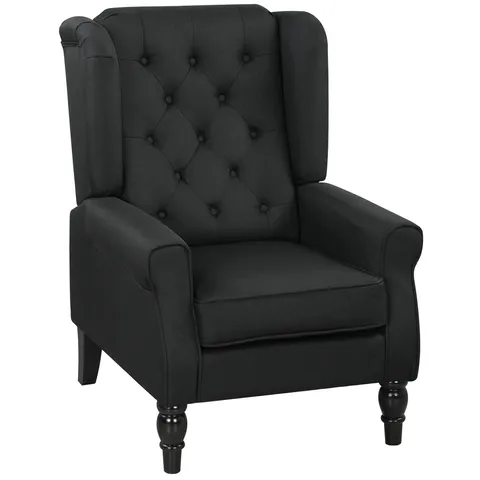 BOXED HOMCOM RETRO ACCENT CHAIR, LINEN WINGBACK ARMCHAIR WITH WOOD FRAME BUTTON TUFTED DESIGN FOR LIVING ROOM BEDROOM, BLACK (1 BOX)